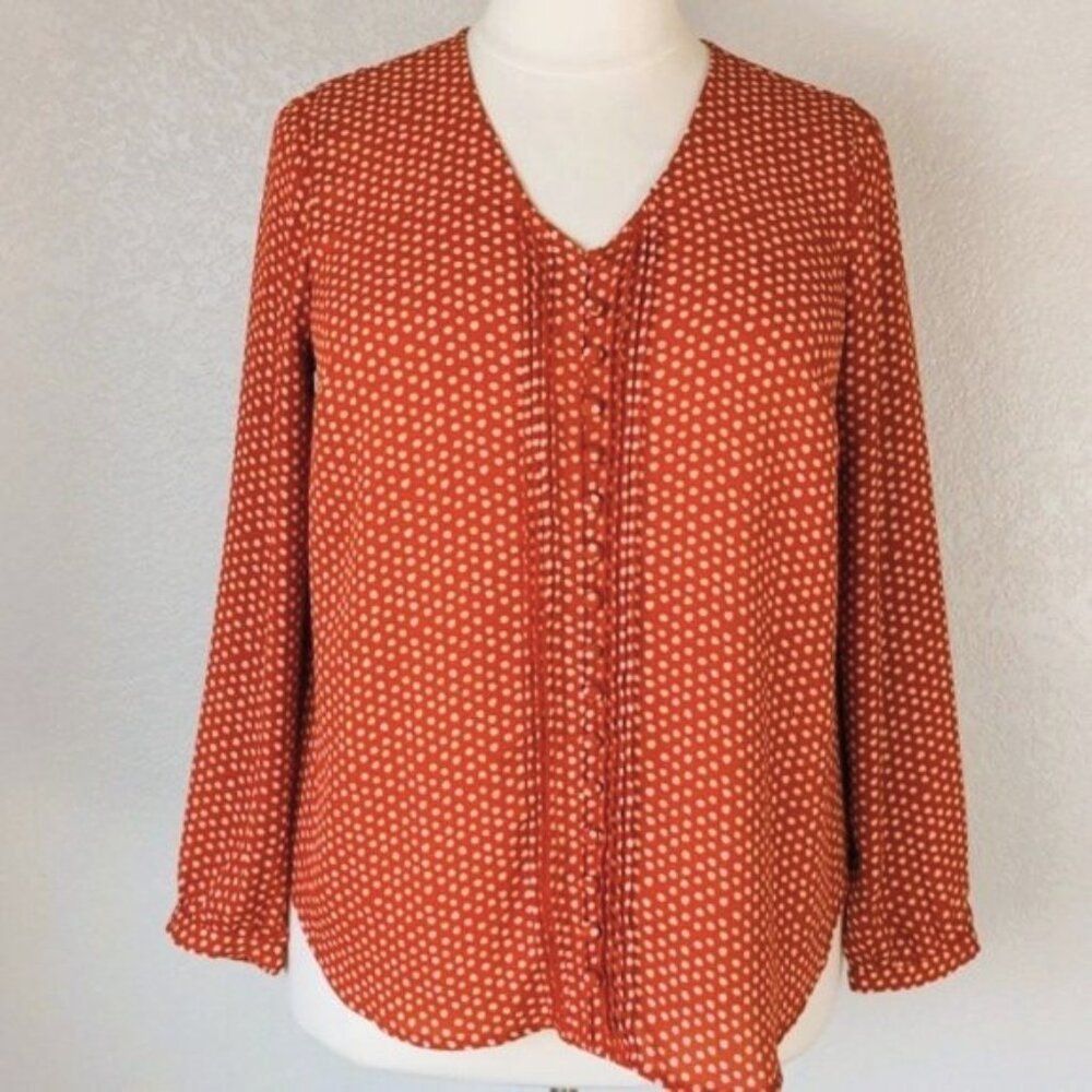 Torrid 1X Tunic Blouse Georgette Rusty Orange & Creamy Ivory White Polka Dots - Picture 3 of 9
